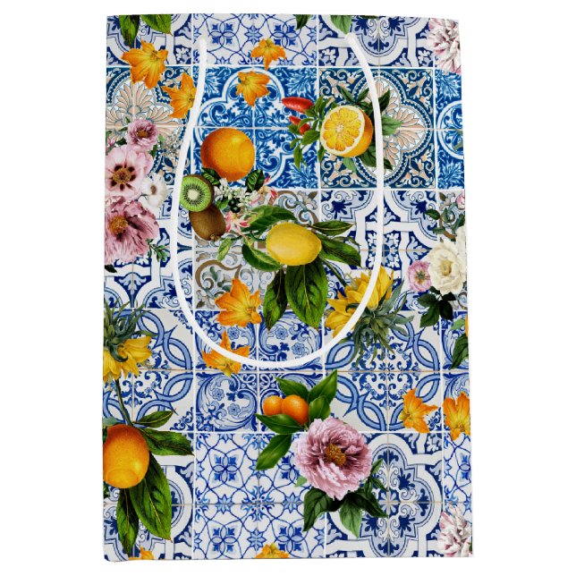 Sac Cadeau Moyen Côte d'Amalfi Citron Bouquet Carreaux Italie (Devant)