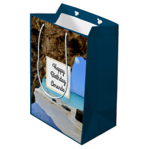 Sac Cadeau Moyen Côte de plage tropicale avec un anniversaire de Bi