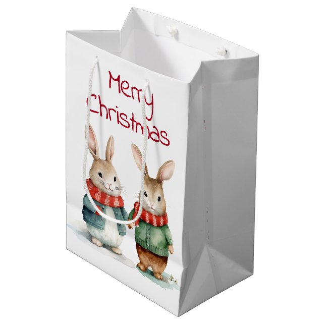 Sac Cadeau Moyen Cottontail de Noël Rabbit Couple (Devant Angle)