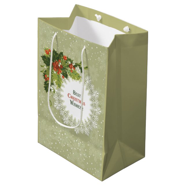 Sac Cadeau Moyen Courbe verte de Noël et baies rouges (Devant Angle)