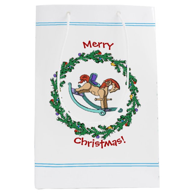 Sac Cadeau Moyen Couronne De Noël Avec Cheval Rocheux (Devant)
