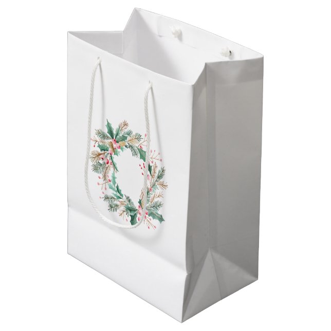Sac Cadeau Moyen Couronne de Noël rose vert (Devant Angle)