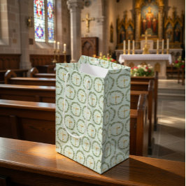 Sac Cadeau Moyen Couronne d'olivier de baptême et croix dorée