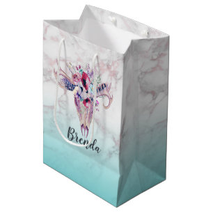 Sac Cadeau Moyen Crâne boho floral moderne & marbre ombre