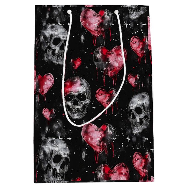 Sac Cadeau Moyen Crânes d'amour gothique et Coeurs rouges (Devant)