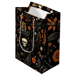 Sac Cadeau Moyen Crânes Fleurs et verdure Halloween noir