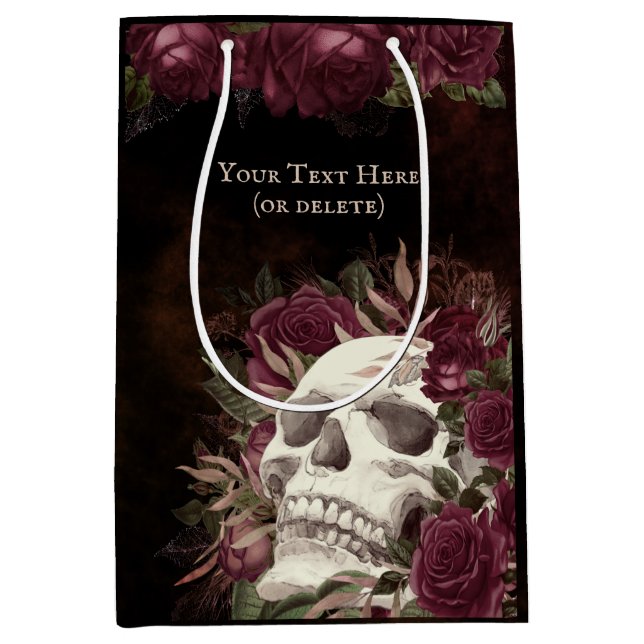 Sac Cadeau Moyen Crânes Roses Bourgogne Noir Grunge Personnalisé (Devant)