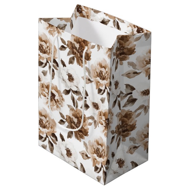 Sac Cadeau Moyen Crème Brown Fleurs blanches Anniversaire (Devant Angle)