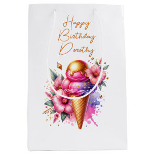 Sac Cadeau Moyen Crème de glace rose et or Anniversaire doré