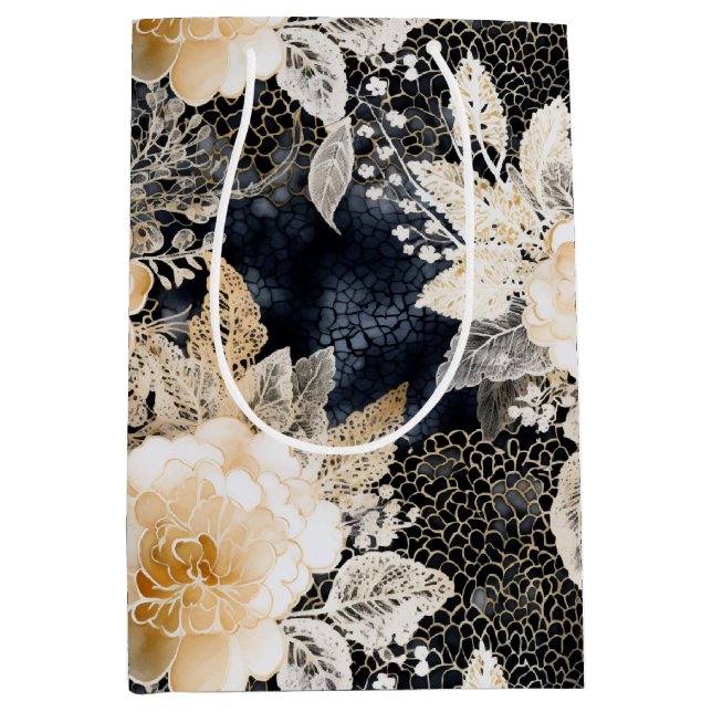 Sac Cadeau Moyen Crème noire sauvage Léopard Animal Floral (Devant)