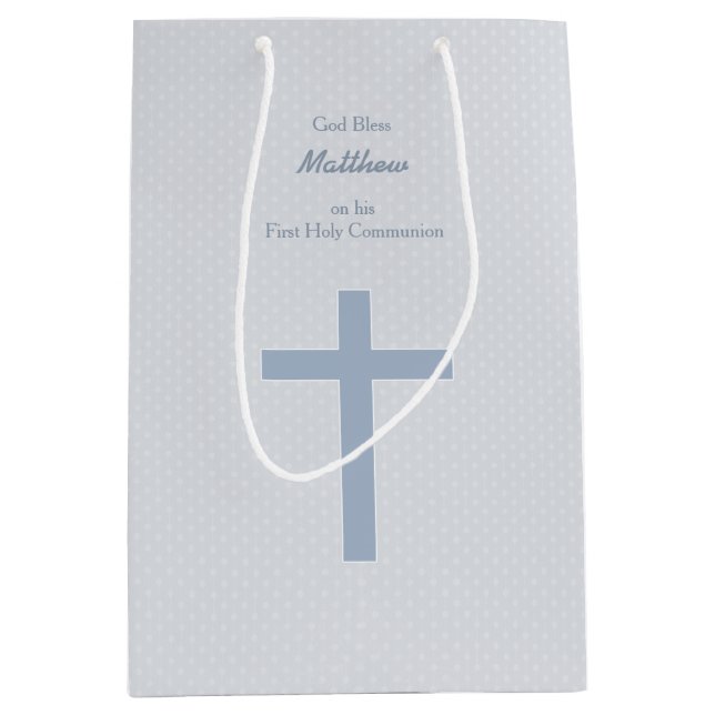 Sac Cadeau Moyen Croix bleue en pastel de communion (Devant)