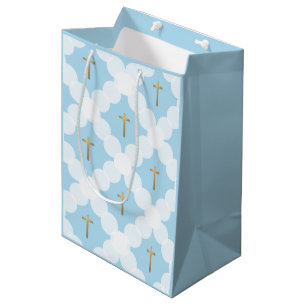 Sac Cadeau Moyen Croix d'or bleu Baptême moderne