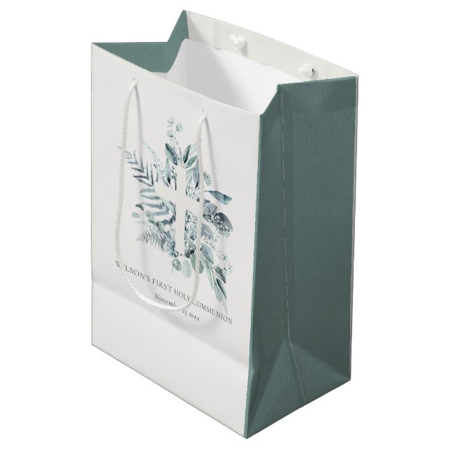 Sac Cadeau Moyen Croix du feuillage Eucalyptus Première communion s (Devant Angle)
