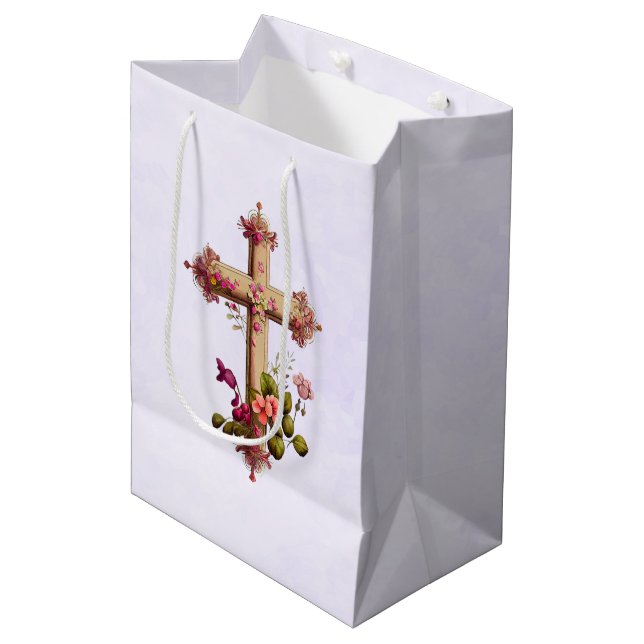 Sac Cadeau Moyen Croix en bois élégante aux fleurs roses (Devant Angle)