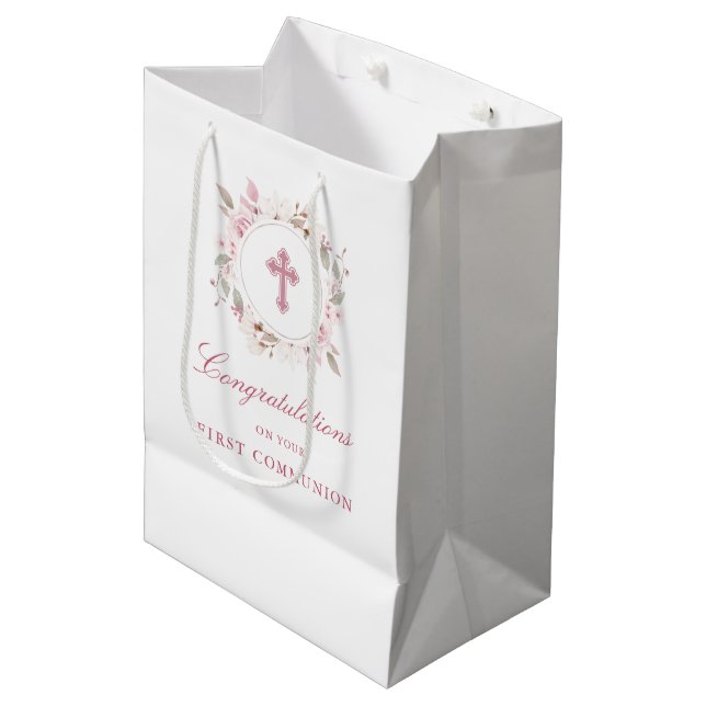 Sac Cadeau Moyen Croix rose de la première communion modifiable (Devant Angle)