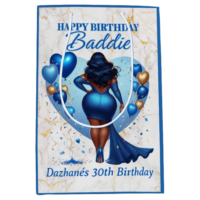 Sac Cadeau Moyen Curvy African American Woman Blue Glam Anniversair (Devant)