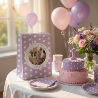 Sac Cadeau Moyen Custom Birthday Photo & Purple Polka Dot