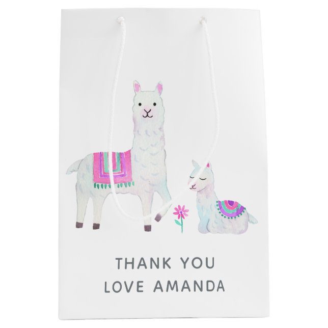 Sac Cadeau Moyen Cute Aquarelle Baby shower à thème Llama (Devant)