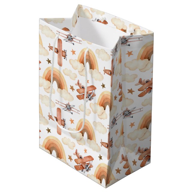 Sac Cadeau Moyen Cute aquarelle Rainbow Motif d'avion (Devant Angle)