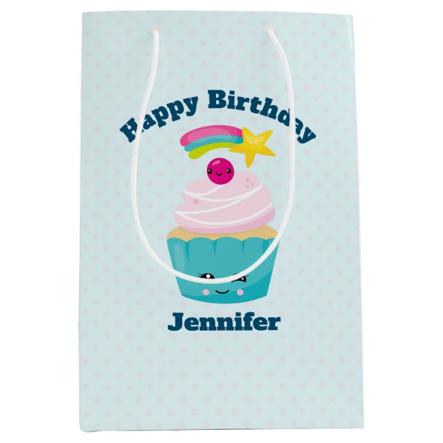 Sac Cadeau Moyen Cute Blue Cupcake avec Kawaii Face Anniversaire (Devant)