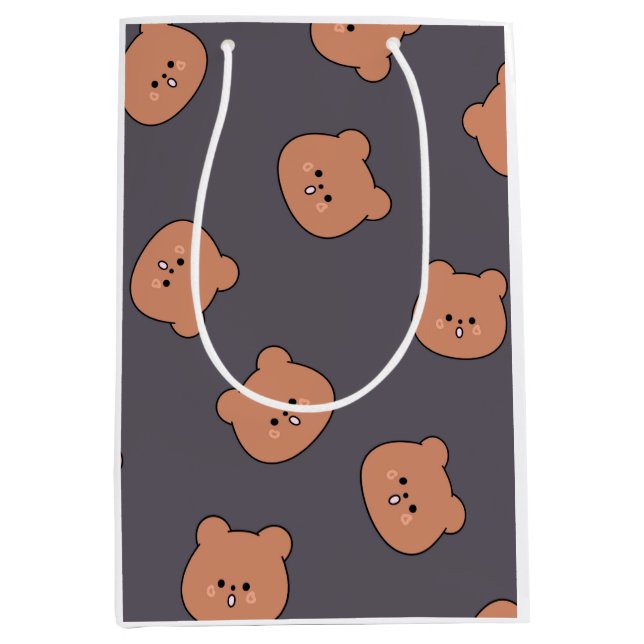 Sac Cadeau Moyen Cute Brown Teddy Bear Face Pattern Dark Blue (Devant)