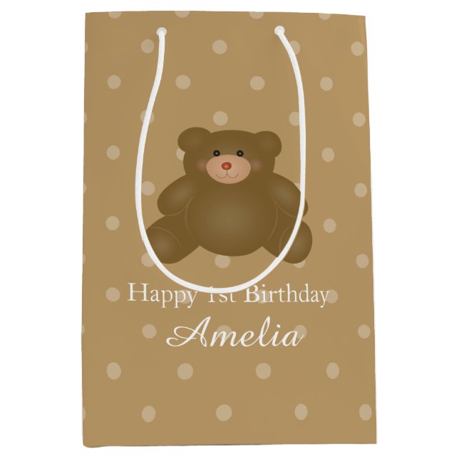 Sac Cadeau Moyen Cute Brown Teddy Ours Bébé Fille Anniversaire (Devant)