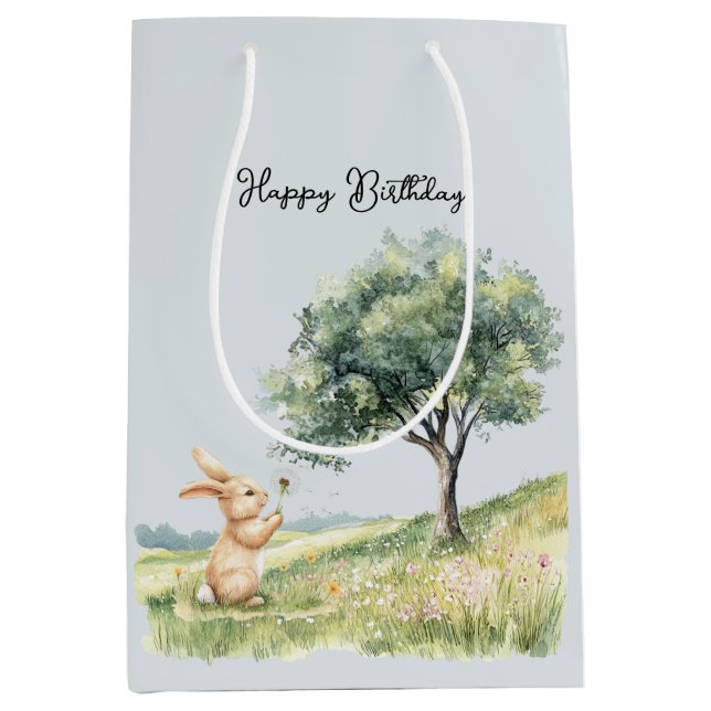 Sac Cadeau Moyen Cute Bunny Meadow with Tree Birthday (Devant)