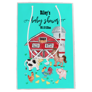 Sac Cadeau Moyen Cute Farm Animaux Baby shower Turquoise