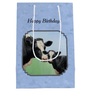 Sac Cadeau Moyen Cute Holstein Calf & Vache Ciel bleu