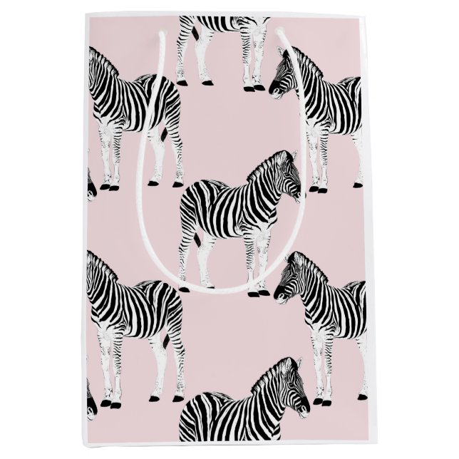 Sac Cadeau Moyen Cute Noir Blanc Zèbre Animal Rose Design (Devant)