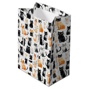 Sac Cadeau Moyen Cute Orange Blanc Noir Chats Anniversaire