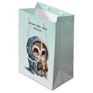 Sac Cadeau Moyen Cute Owl tenant un café anniversaire