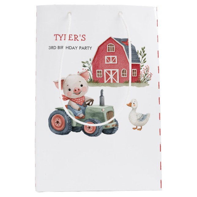 Sac Cadeau Moyen Cute Pig Tracteur ferme animal fête d'anniversaire (Devant)