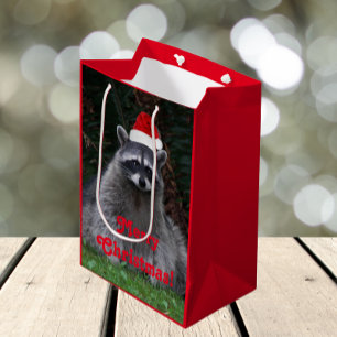 Sac Cadeau Moyen Cute Raccoon Porté Red Santa Hat Holiday