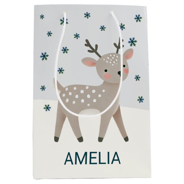 Sac Cadeau Moyen Cute Reindeer Snowflakes Drawing Christmas Name (Devant)