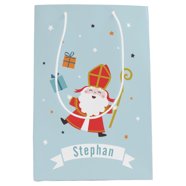 Sac Cadeau Moyen Cute Sinterklaas avec nom et cadeaux (Devant)