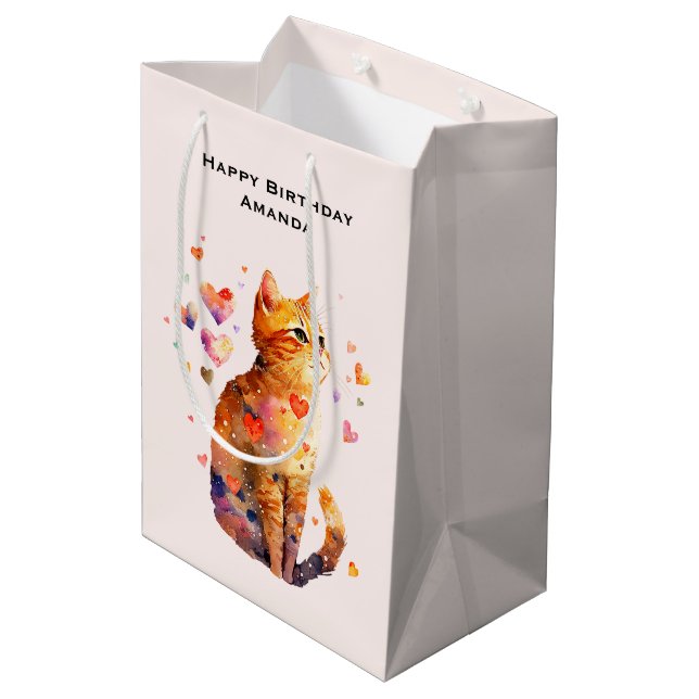 Sac Cadeau Moyen Cute Tabby Chat avec Coeurs Anniversaire (Dos Angle)
