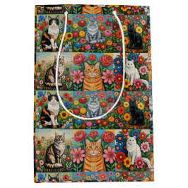 Sac Cadeau Moyen Cute Whimsical Cats and Folk Art Flowers