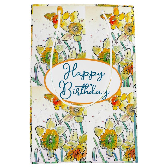 Sac Cadeau Moyen Daffodique Jaune Daffodique Fleur Aquarelle (Devant)