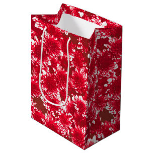 Sac Cadeau Moyen Dahlia Motif moderne, rouge foncé et blanc
