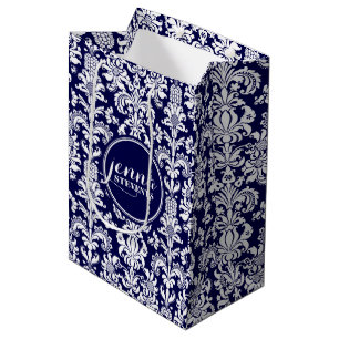 Sac Cadeau Moyen Damas Vintage bleu foncé et blanc monogrammes