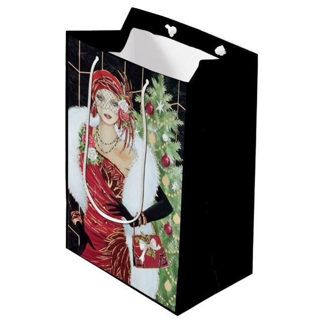 Sac Cadeau Moyen Dame de Noël rétro Art déco (Devant Angle)