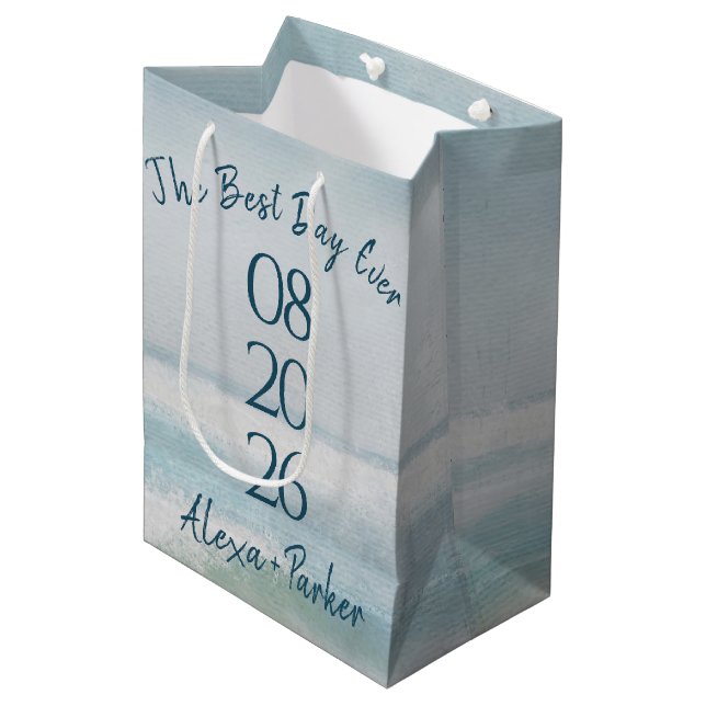 Sac Cadeau Moyen Date du Mariage d'aquarelle Océan (Devant Angle)