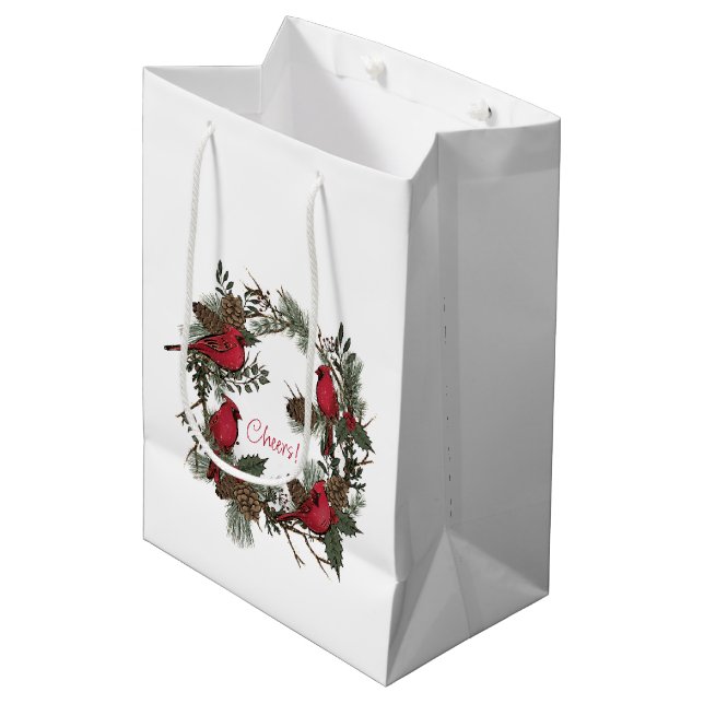 Sac Cadeau Moyen De Belles Cardinales Rouges Dans Une Couronne De N (Devant Angle)