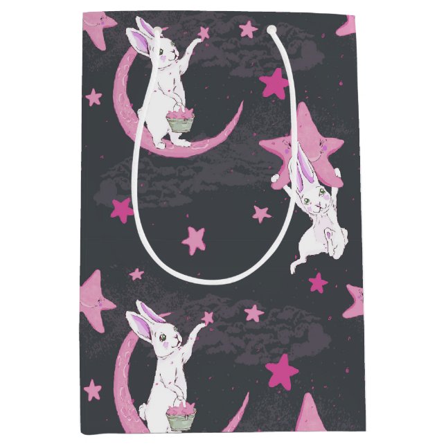 Sac Cadeau Moyen De mignons lapins et des étoiles roses (Devant)