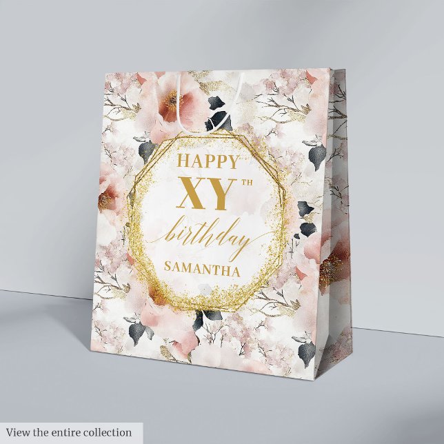 Sac Cadeau Moyen Délicieux Pastel Pink Aquarelle 80e anniversaire (Delightful Pastel Pink Watercolor 80th Birthday Medium Gift Bag)