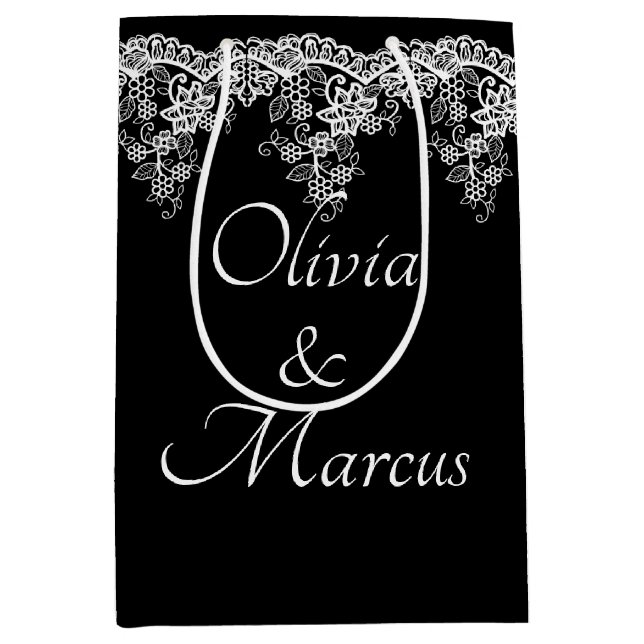 Sac Cadeau Moyen Dentelle blanche Mariage sur noir (Devant)