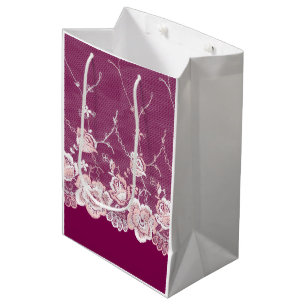 Sac Cadeau Moyen Dentelle Fleurie Rose