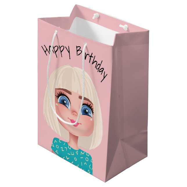 Sac Cadeau Moyen Dessin D'Anniversaire Fille Sur Rose Bleu (Devant Angle)