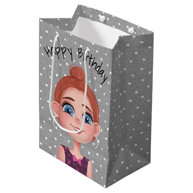 Sac Cadeau Moyen Dessin D'Anniversaire Sur Pois (Devant Angle)